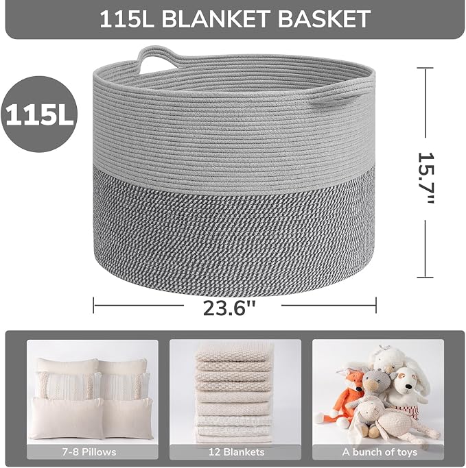 INDRESSME 115L Extra Large Woven Rope Blanket Basket Living Room, Grey - Image 2