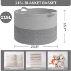 INDRESSME 115L Extra Large Woven Rope Blanket Basket Living Room, Grey - Image 2