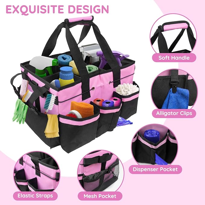 ZKOO Large Cleaning Caddy Bag with Handle, Built-in Sturdy Support Board, Adjustable Shoulder Strap, Multi-compartment Design Cleaning Supply Tote for Cleaners & Housekeepers (Pink) - Image 3