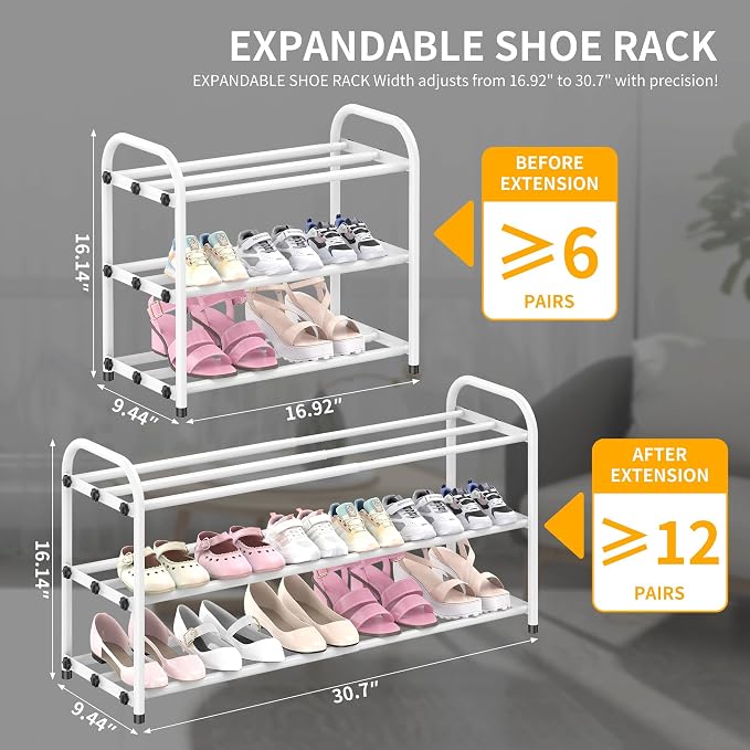 Hleelomi 3-Tier Metal Expandable Shoe Rack for Closet and Entryway, White - Image 2