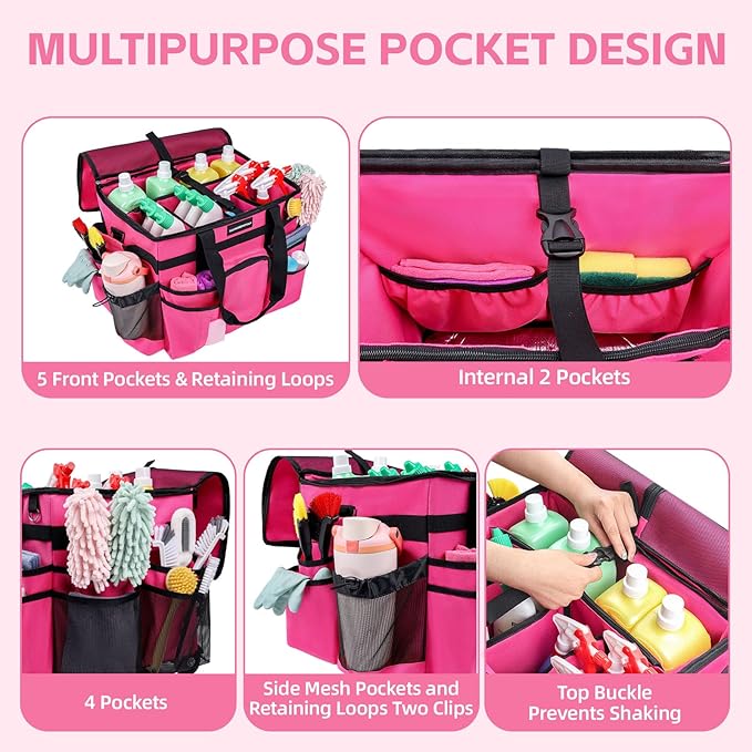 Large Rolling Cleaning Caddy Bag, Cleaning Caddy with Wheels with Detachable Trolley for Housekeepers, Water Resistant Cleaner Supplies Organizer with Wheels for Kitchen, Car, Picnic (Rose-Red) - Image 4