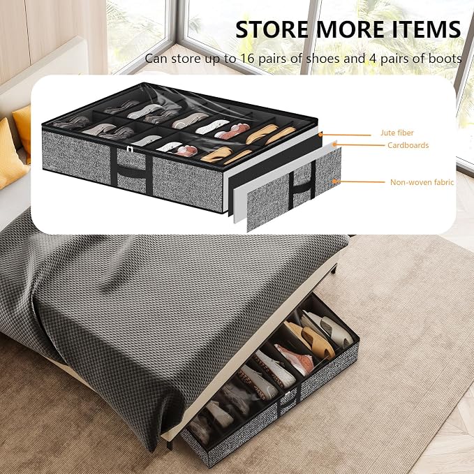 homyfort Under Bed Shoe Storage Organizer Fits 16 Pairs Shoes and 4 Pairs Boots, Underbed Shoe Storage Boxes Bins, Organizador De Zapatos, Extra Large Zapateras Organizer for closet, Black, Set of 2 - Image 7