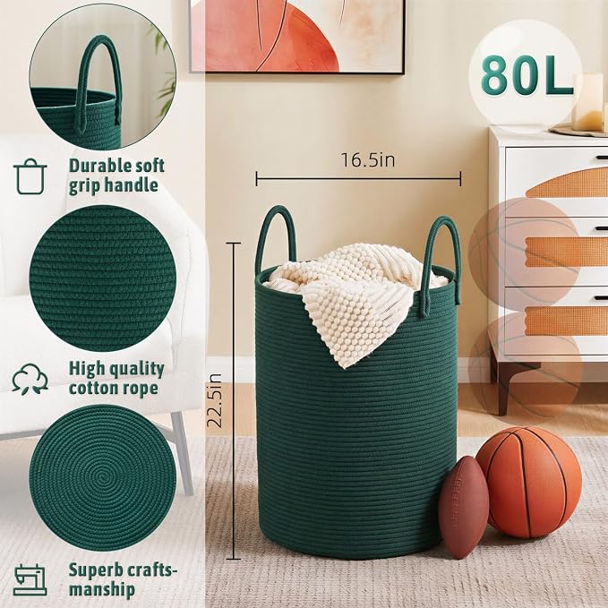 Artfeel Laundry Basket,Woven Cotton Rope Laundry Hamper,80L for Decorative Storage of Dirty Clothes,Toys and Blankets in Bathroom,Baby Room and Living Room - Image 6