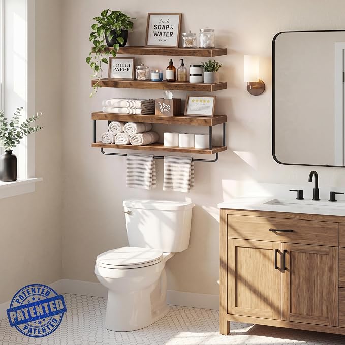 QEEIG Bathroom Floating Shelves Over Toilet - Wall Mounted Shelf Toilet Paper Storage Farmhouse 32 inch Long Set of 3, Rustic Brown (027-80BN3) - Image 4