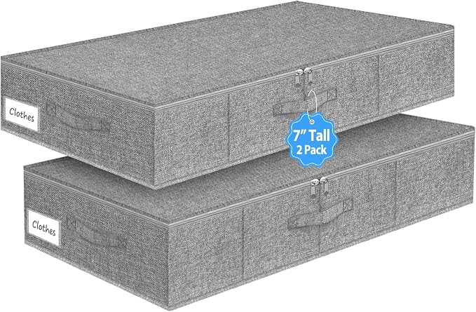 6.7-Inch Under Bed Storage Bin with Zipper Lid, Rigid Sides,2 Pack, Gray | Zipped Lid, Rigid Sides & Bottom, Large Clothes Organizer Box, Off-season Storage, Bedrooms, Closet Organization by Boailydi