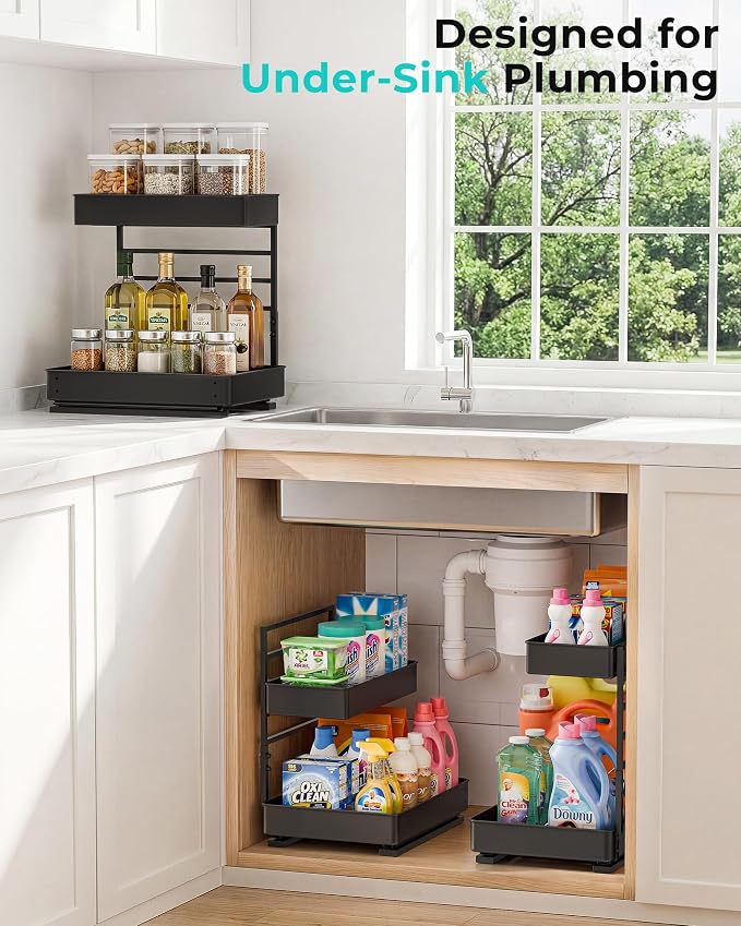 EVERIE Height Adjustable 2 Tier Metal Pull Out Slide Shelf Organizer for Under Sink Cabinets in Kitchen, Bathroom, with Snap-on Top Tray, 16" Deep (Black, 2 Sets) - Image 6