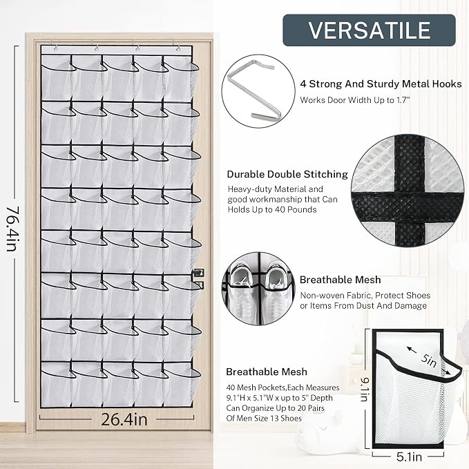 40-Pocket Over the Door Shoe Organizer - Large Mesh Pocket Hanging Shoe Organizer,Behind the Door Shoes Storage Holder Hanger (Coffee color) - Image 4