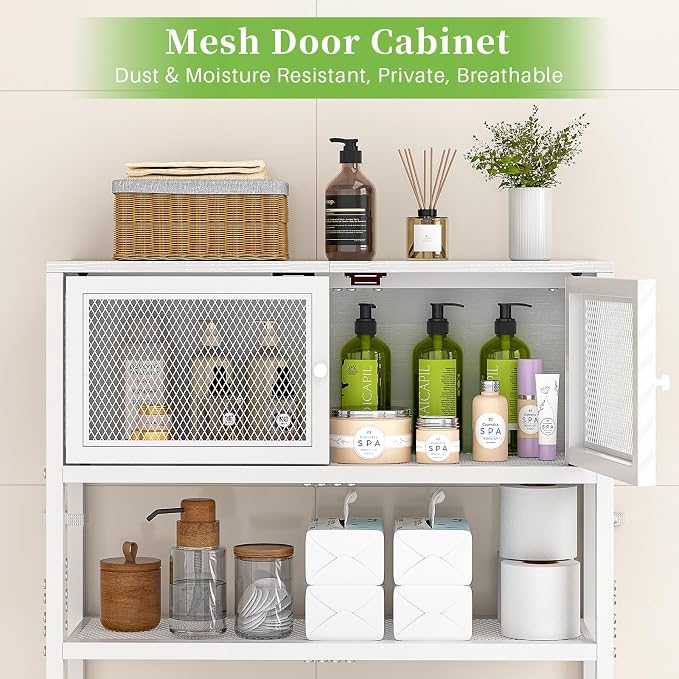 ThreeHio Over the Toilet Storage Cabinet with Doors, Bathroom Organizer Shelf Above Toilet, Bathroom Storage Cabinet Over Toilet, Freestanding Space Saver Metal Shelves for Small Space, White - Image 5