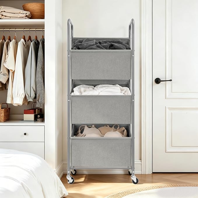 STO STO 3-Tier Vertical Rolling Laundry Hamper, Removable Bags, Gray Faric - Image 7