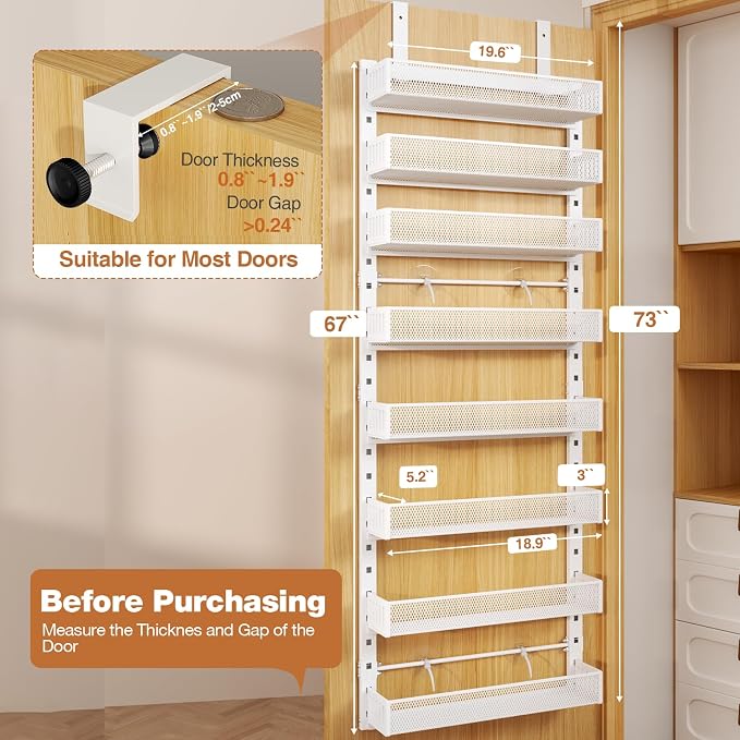 Pantry Door Organizers and Storage,8-Tier Large Wide Metal Heavy-Duty Frame Over the Door Spice Rack, 2 in 1 Wall-Mounted or Hanging shelf for Kitchen, Bathroom, Laundry Room, Bedroom, Closet &Nursery - Image 2