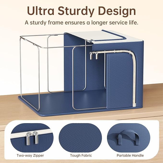 3 Openings Clothes Storage Bins with Metal Frame，24L (navy blue) - Image 6