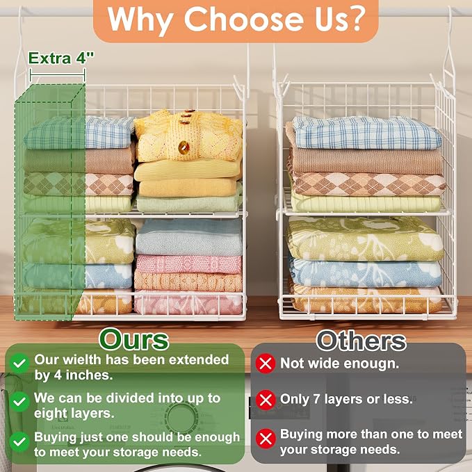 8 Tier Extended Width Hanging Closet Organizer, Sweater Storage for Closet Organizer System, Stackable Wire Basket Bins for Clothes Purse Shoes, Hanging Shelves with 4 Hooks & 4 Dividers Adjustable - Image 4