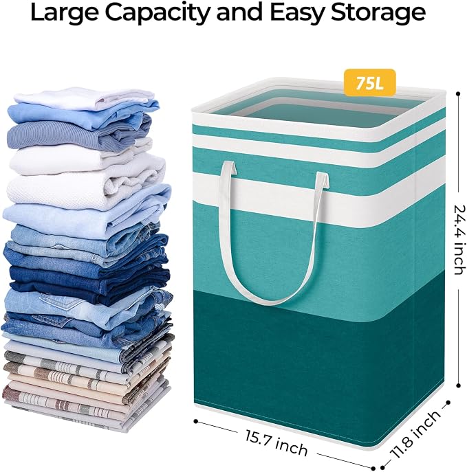 HomeHacks 2 Pack Large Laundry Baskets, Laundry Hampers Bags (Green 75Lx2) | Waterproof, Freestanding, Collapsible Clothes Hamper with Reinforced Handles in Laundry Room, Dorm, Bathroom, Bedroom - Image 4