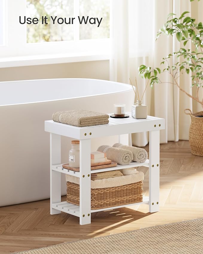 SONGMICS Shoe Rack Bench, 3-Tier Bamboo Entryway Bench, 19.7 Inches Width | Shoe Storage Organizer, Holds Up to 286.6 lb, Cloud White, BAMBOU Collection ULBS001W01 - Image 5