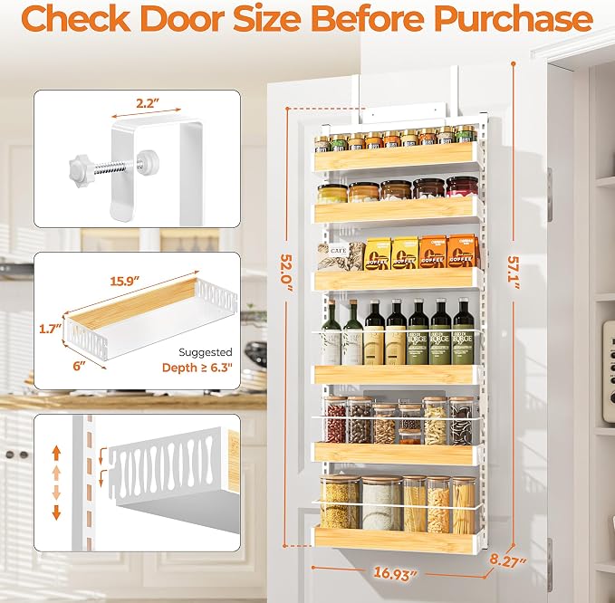 6-Tier White Metal Door Hanging Spice Rack Organizer Over The Door Pantry Organizer Back of Door Storage Rack with Adjustable Basket Door Pantry Organizer with Anti-drop Rod for Kitchen - Image 2