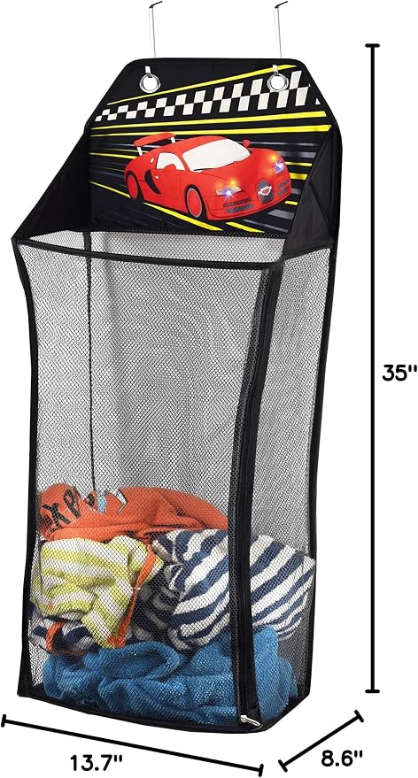Store&Score Over The Door Hanging Kids Fun LED Race Car Light-Up Collapsible Mesh Laundry Hamper, Toy Chest, Metal Hooks Included - Image 6
