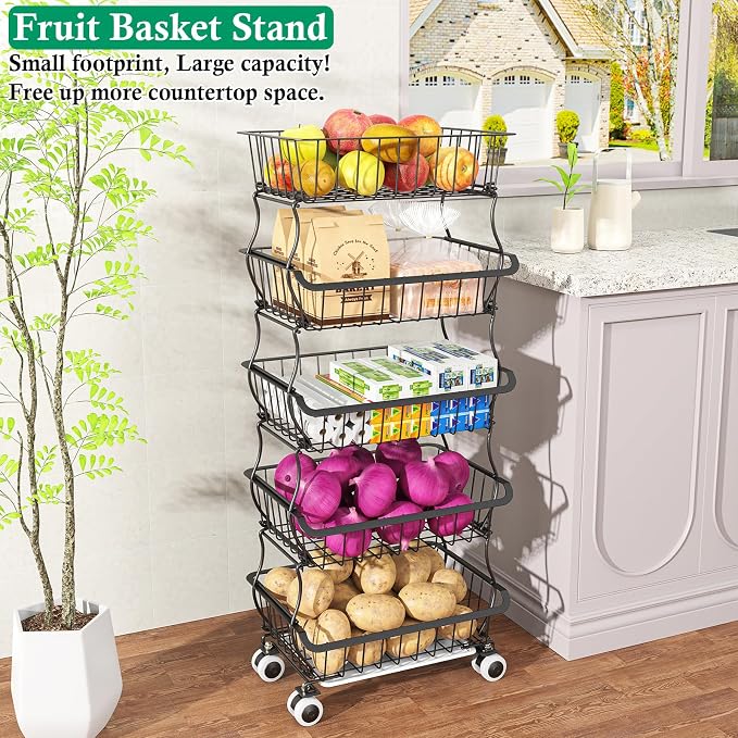 OKZEST 5 Tier Fruit Basket for Kitchen, Stackable Bins Wire Rack with Wheels, Fruit and Vegetable Storage Basket Pantry Food Snack Organizer Shelf, Kitchen Storage Cart for Onion and Potato, Produce - Image 6