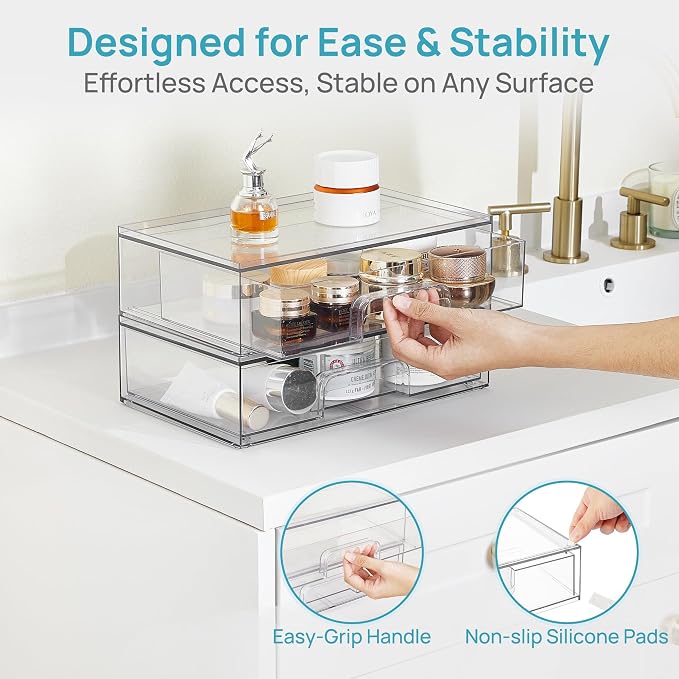 Vtopmart Clear Stackable Storage Drawers, 2 Pack Wide Plastic Organizers - Image 8