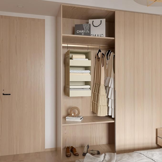 3-Shelf Hanging Closet Organizer, Washable Foldable Storage Shelves, Beige | Front lip keeps items secure; side pockets add room; Oxford fabric handles towels, shirts, baby items, dorms, RVs or travel. - Image 6