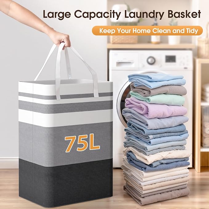 HomeHacks 2 Pack Large Laundry Baskets, Laundry Hampers Bags (Grey 75Lx2) | Waterproof, Freestanding, Collapsible Clothes Hamper with Reinforced Handles in Laundry Room, Dorm, Bathroom, Bedroom - Image 5