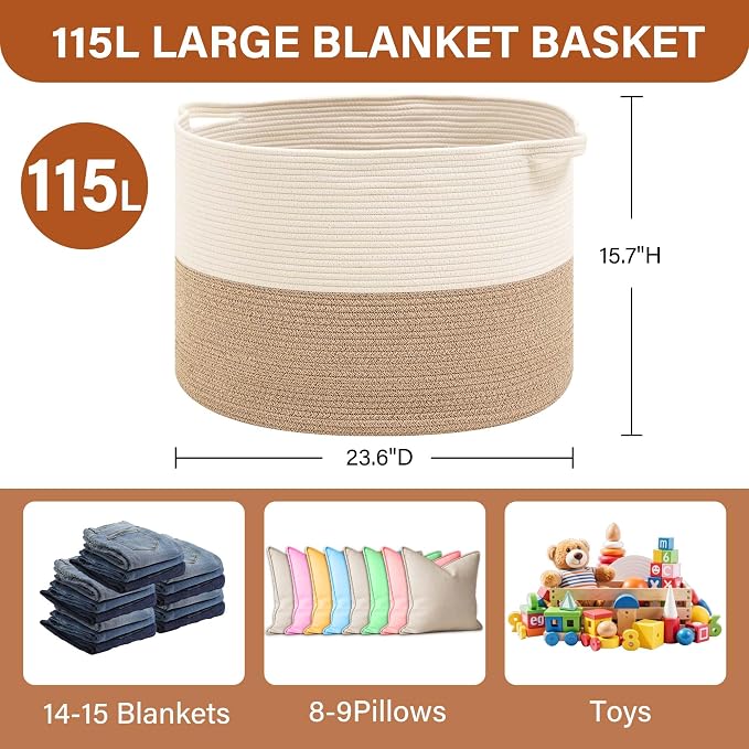 Foldable Laundry Hamper Basket with Collapsible Handle Cotton Rope Soft Woven Fabric Storage Organizer Clothes Toys Nursery Bedroom Dorm Space Saving Bin (White & Brown, 115L(23.6"D x 15.7"H)) - Image 6