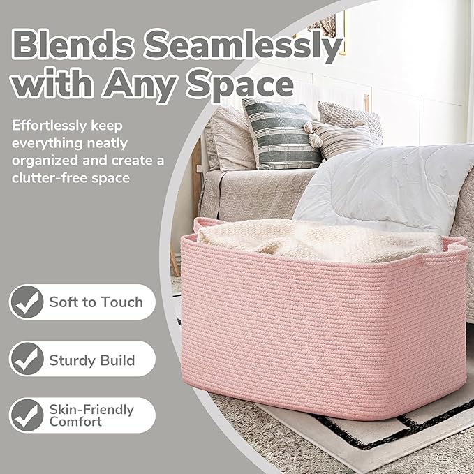Goodpick Large Woven Rope Blanket Basket, Rectangle, Pink, 75L - Image 5