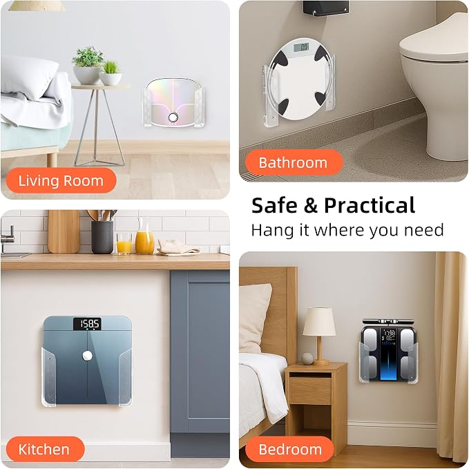 ELETIUO Wall-Mounted Scale Holder with Adhesive &Screws -Fits Most Digital Scales (Up to 1.2"/30mm Thick),Anti-Slip Silicone Pads,Space-Saving Bathroom/Bedroom Organizer-Easy to Install, Clear - Image 6