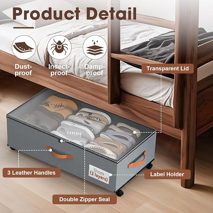 Eastherry Under Bed Storage Containers with Wheels, 9.5 inches Higher Underbed Shoes Blankets Clothes Toy Storage Drawers for College Dorms Bedrooms Nursery Rooms Organization, 2 Pack to be Assembled - Image 5