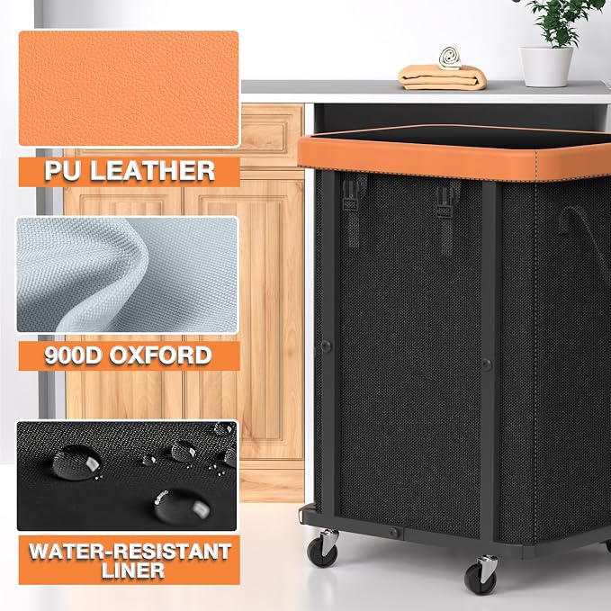 Laundry Hamper with Wheels,150L Leather Patchwork Clothes Hamper Black - Image 2