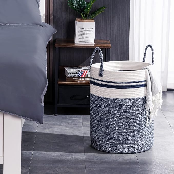 Woven Rope Laundry Hamper Basket by YOUDENOVA, 58L Tall Luandry Basket, Baby Nursery Hamper for Blanket Storage in Bedroom-Large-Blue - Image 8