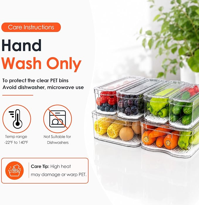 SMRCAD 6 Pack Clear Fridge Organizer Bins with Drain Trays - Stackable - Image 2