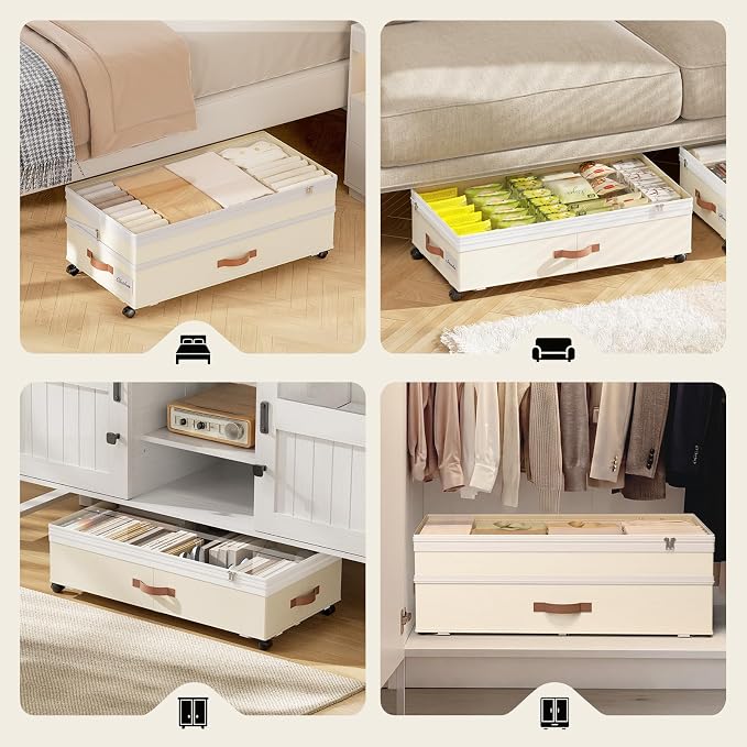 Yecaye 90L Under Bed Storage with Wheels, Height Adjustable, 2 Pack, Beige - Image 8