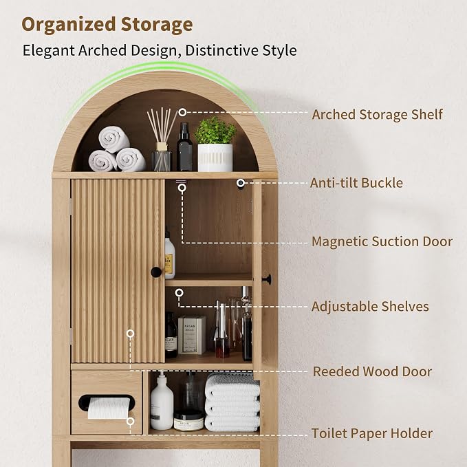 Arched Over the Toilet Storage Cabinet with Fluted Wood Doors, Natural Oak - Image 3