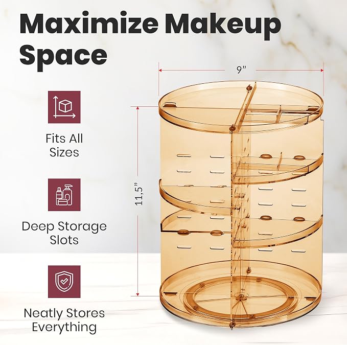 Masirs 360 Rotating Makeup Organizer Countertop, Adjustable Shelf, Brown - Image 2