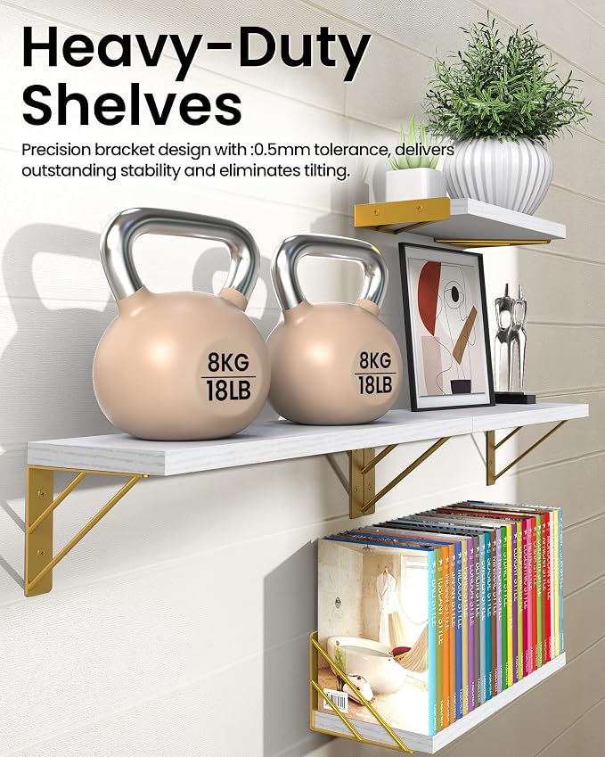 BAYKA Wall Shelves for Bedroom Decor, Wood, White and Gold, Set of 4, 16in - Image 4