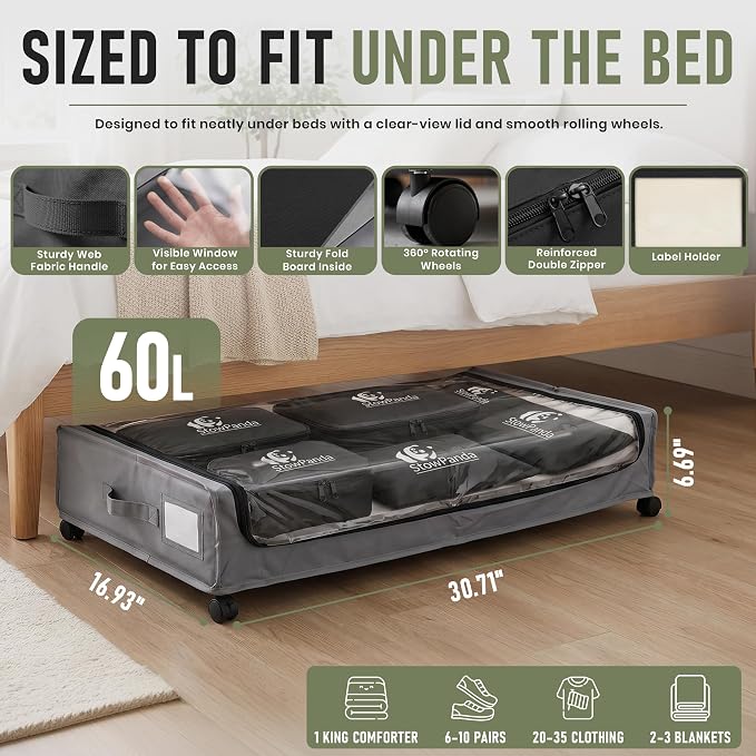 60L Under Bed Storage with Wheels, With 6 Travel Bags, 2-Pack, Light Gray - Image 7