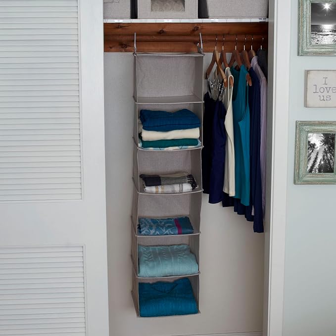 Household Essentials 6 Shelf Hanging Closet Organizer, Hanging Closet Shelf, Fabric Poly Linen and PEVA Shelving - Image 2