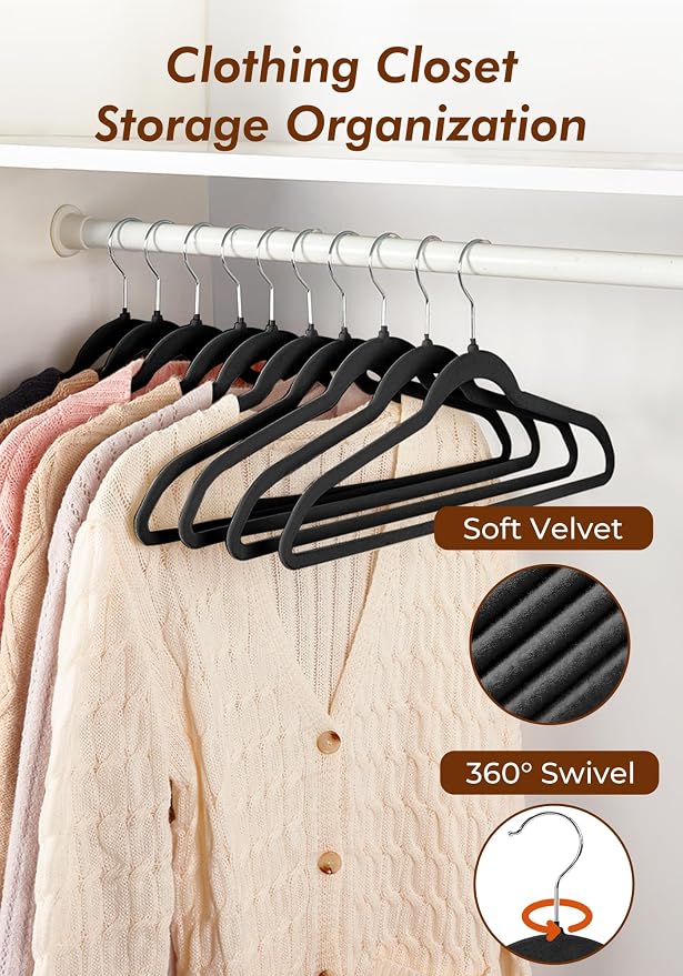 HOUSE DAY Black Velvet Hangers 100 Pack - Non Slip Felt Hanger, No Wrinkles - Image 6