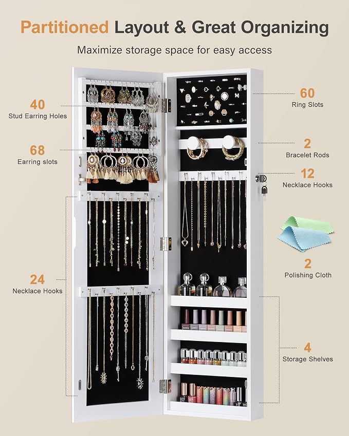 Nicetree Jewelry Cabinet Armoire, Hanging Jewelry Organizers and Storage, Lockable Jewelry Cabinet with Full-Length Mirror, Wall or Door Mount Jewelry Mirror Cabinet, Shelves, Polishing Cloth - Image 3