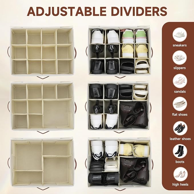2-Pack Shoe Organizer for Closet, Foldable Shoe Storage Container with Adjustable Dividers & Clear Lid, Holds Up to 12 Pairs, Space-Saving Shoe Boxes, White - Image 3