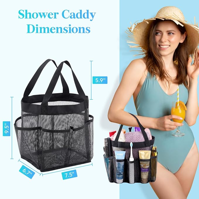 Lifewit Mesh Shower Caddy Portable for College Dorm Room Essentials with 7 Pockets, Freestanding Hanging Organizer Basket, Quick Dry Tote Bag for Camping, Bathroom, Beach, Travel, 1 Pack, Black - Image 4