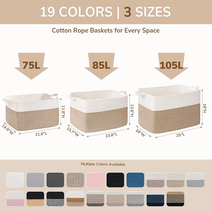 Goodpick 105L Extra Large Woven Blanket Basket Cotton Rope Storage Baskets for Organizing, Rectangle Baby Laundry Basket for Living Room Home Decor, 25"x16"x16", White & Gray - Image 6
