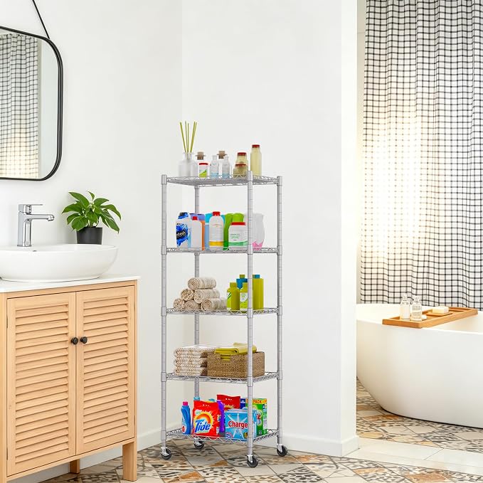 REGILLER 5-Wire Shelving Metal Storage Rack Adjustable Shelves,Standing Storage Shelf Units for Laundry Bathroom Kitchen Pantry Closet(Silver,11.8" D x 16.6" W x 53.5" H,With Wheels) - Image 7