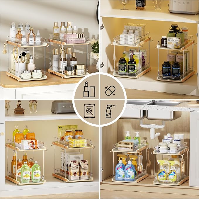 Delamu 2 Tier Under Sink Organizer Bathroom, Bathroom Cabinet Organizer with Snap-Lock Design and Hooks, Pull Out Storage with Movable Dividers, for Countertop, Kitchen and Pantry (White, 4 Pack) - Image 7
