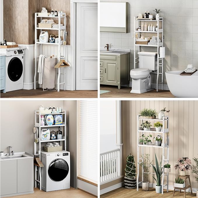 Over the Toilet Storage Shelf 3-Tier Adjustable Bathroom Organizers and Storage Shelves Bathroom Rack Above Toilet Storage with Paper Holder and 4 Hooks Space Saver Storage for Laundry - Image 9