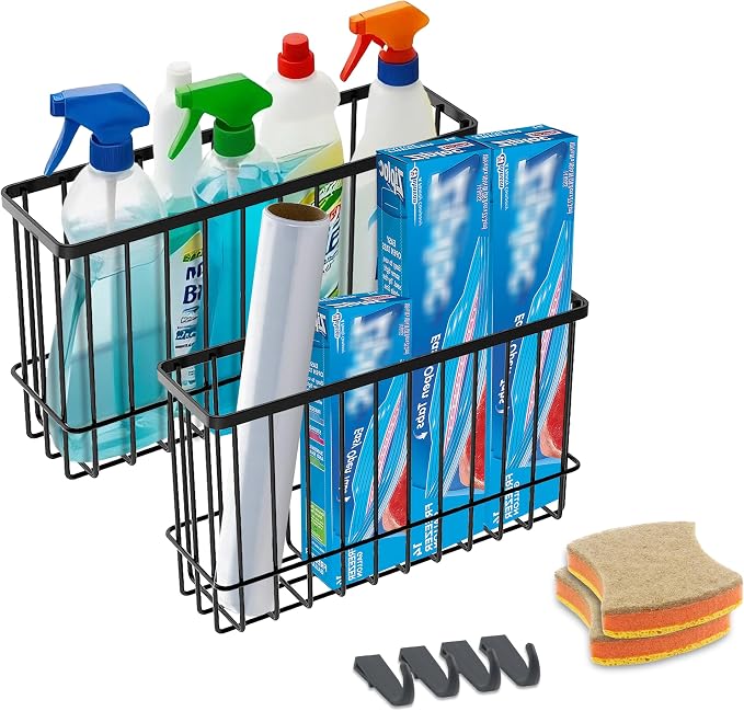 Cabinet Door Organizer Basket 2 Pack, Foil and Plastic Wrap Organizer with 2 Sponges, Lid Organizers Inside Cabinet, Metal Basket for Kitchen Organizers and Storage, Utility, Black (Medium,Large) by FHJP