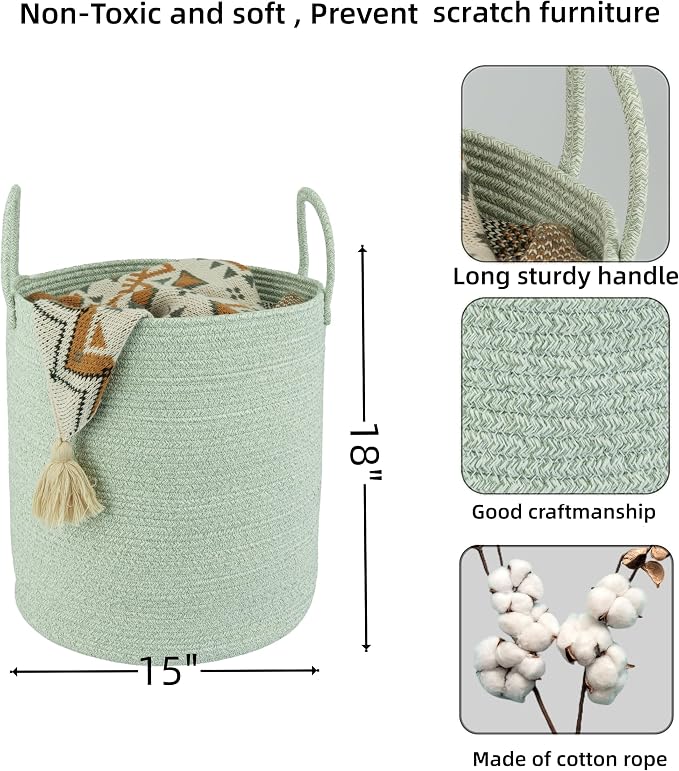 XUANGUO Cotton Rope Laundry Basket Hamper for Clothes, green - Image 2