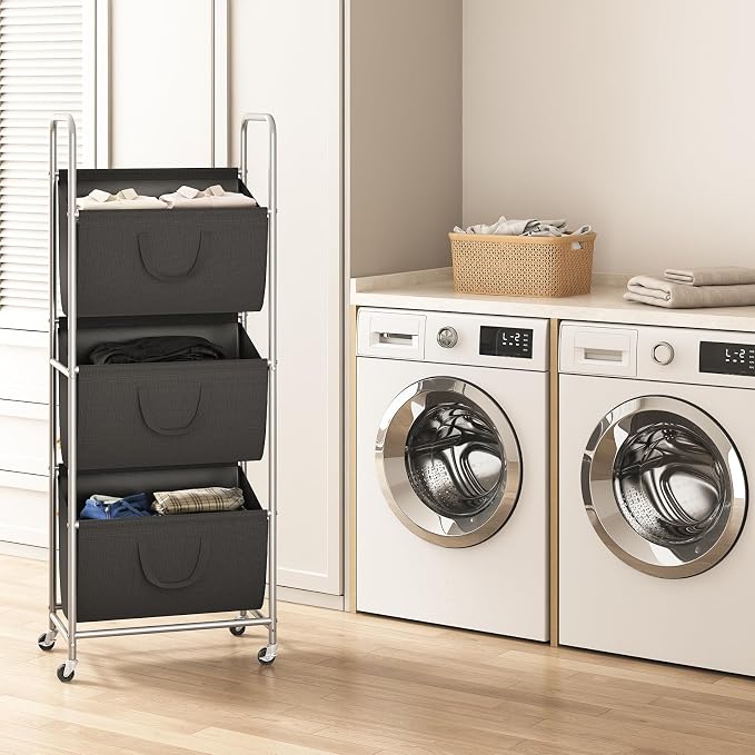 ELYKEN 3-Tier Vertical Rolling Laundry Hamper with Wheels & Removable Bags - Image 8