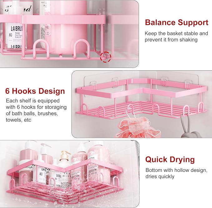 Liuoud Corner Shower Caddy, 5 Pack Adhesive Stainless Steel Organizer, Pink - Image 7