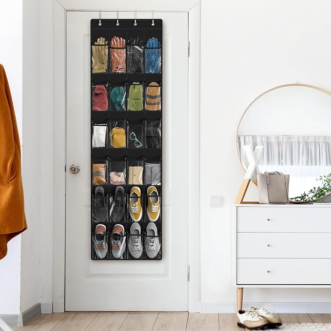 Simple Houseware 24 Pockets Clear Over the Door Shoe Organizer, Black | 64" x 19", 4 Durable Metal Hooks, 4.3" x 9.5" Pocket Size, Multipurpose - Image 8